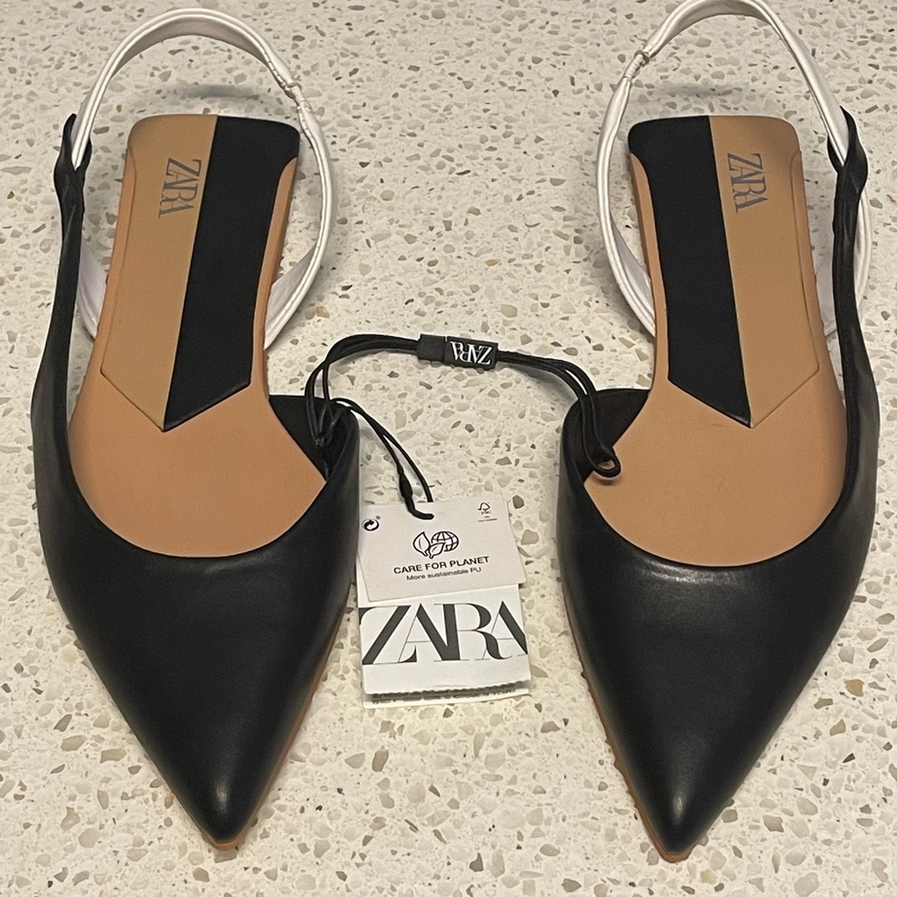 ZARA Flat Slingback shoes Black White Color block 7.5 NEW with tags Chic - Picture 2 of 5